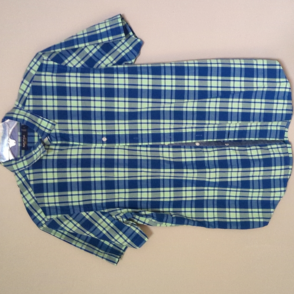 👍Nautica Shirts,Men Green Plaid L Short Sleeve 100% Cotton 23" Chest Button Up